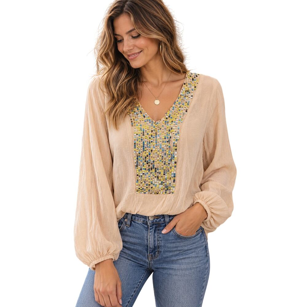 Maeve Beige Sequin Embellished V-Neck Long Sleeve Blouse Top semi crop x small